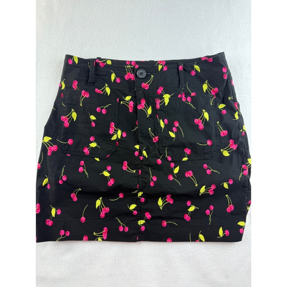 Maeve Anthropologie Mini Skirt Black Pink Cherry Print Cute Casual